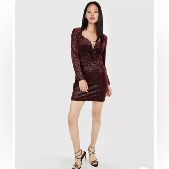 Express Velvet Mini Dress M Plunge Neck Long Sleeve Glitter Party Burgundy Red - Picture 1 of 15